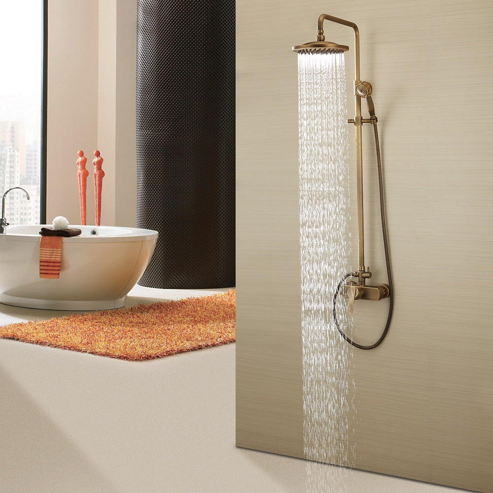 Antique Brass Wall-Mounted Shower System, Rainfall Shower System with Handheld Shower