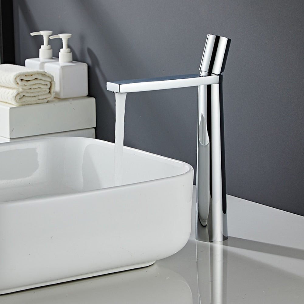 Modern Tall Single-Hole Vessel Faucet, Single-Handle Brass Bathroom Faucet