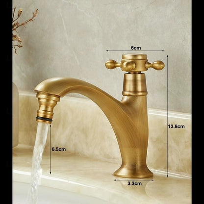 Traditional Antique Brass Single-Hole Bathroom Sink Faucet, Single Cross Handle Brass Vanity Faucet