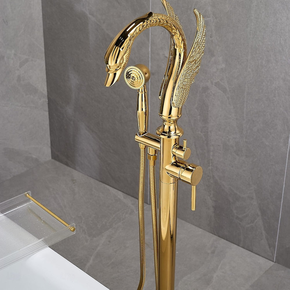 Swan Design Freestanding Tub Filler Faucet, Single-Handle Swivel Spout Tub Faucet with Handheld Shower, Polished Gold / Matte Black