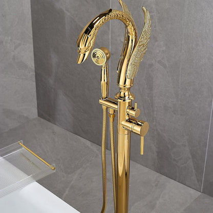 Swan Design Freestanding Tub Filler Faucet, Single-Handle Swivel Spout Tub Faucet with Handheld Shower, Polished Gold / Matte Black