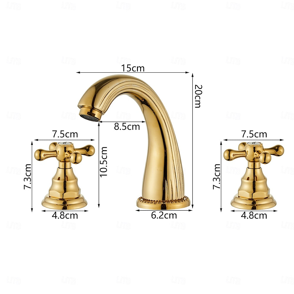 High Arc Brass Bathroom Sink Faucet, Double Cross Handle Widespread Faucet, Matte Black / Brushed Gold / Antique Brass
