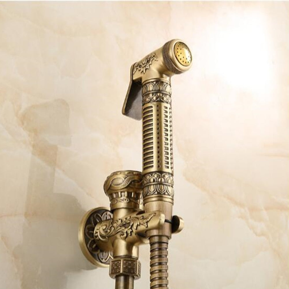 Antique Brass Wall-Mount Bidet Faucet, Self-Cleaning Handheld Toilet Sprayer