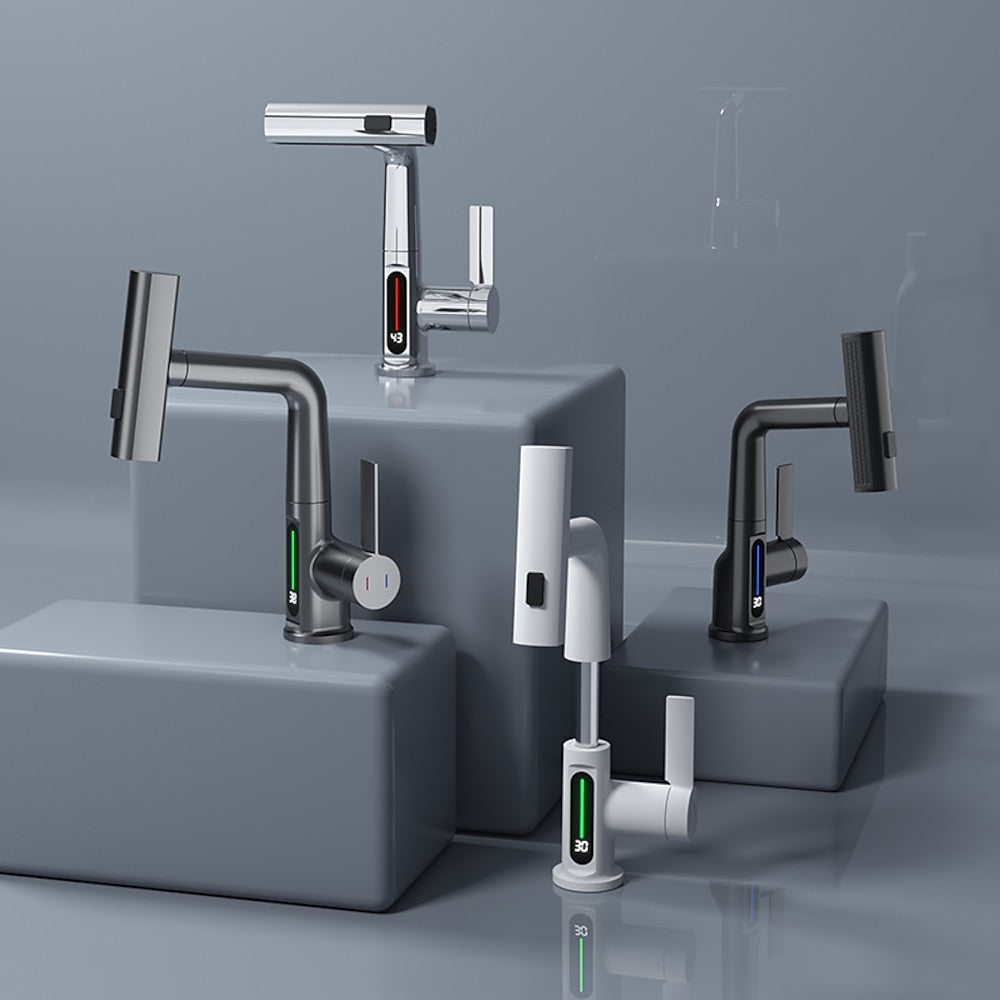 Modern LED Temperature Display Pull-Out Bathroom Faucet, Single-Handle Swivel Faucet, Matte Black / Chrome / Matte White / Gunmetal
