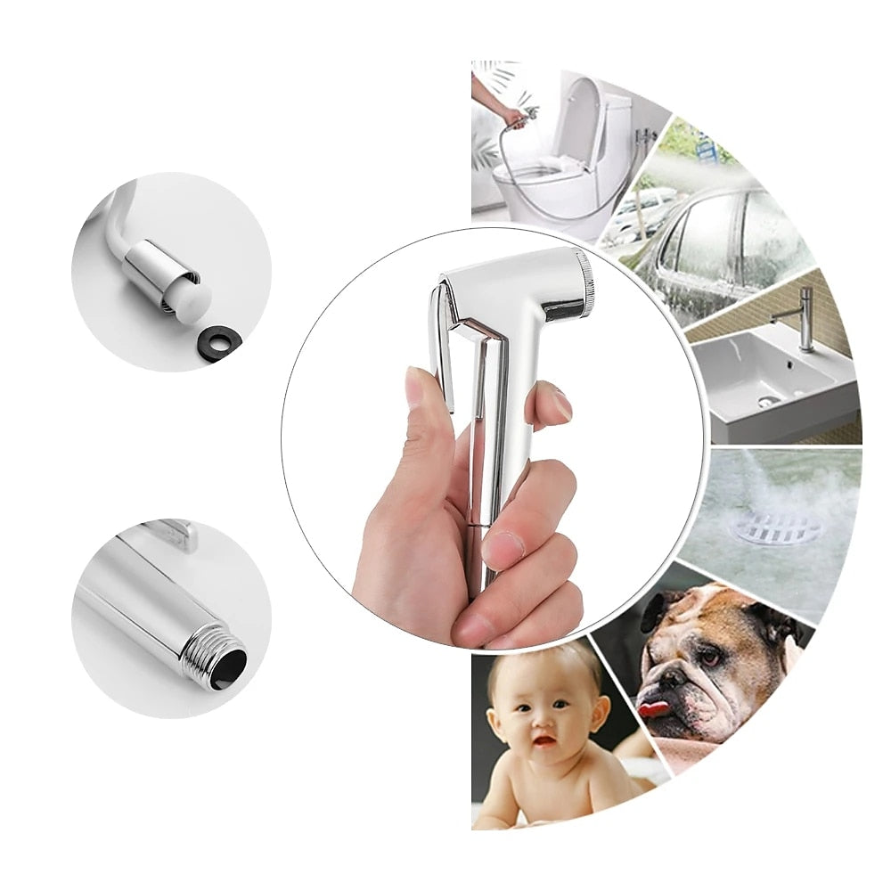 Handheld Toilet Bidet Sprayer, Wall-Mount Shattaf Sprayer Set with Hose, Silver / White