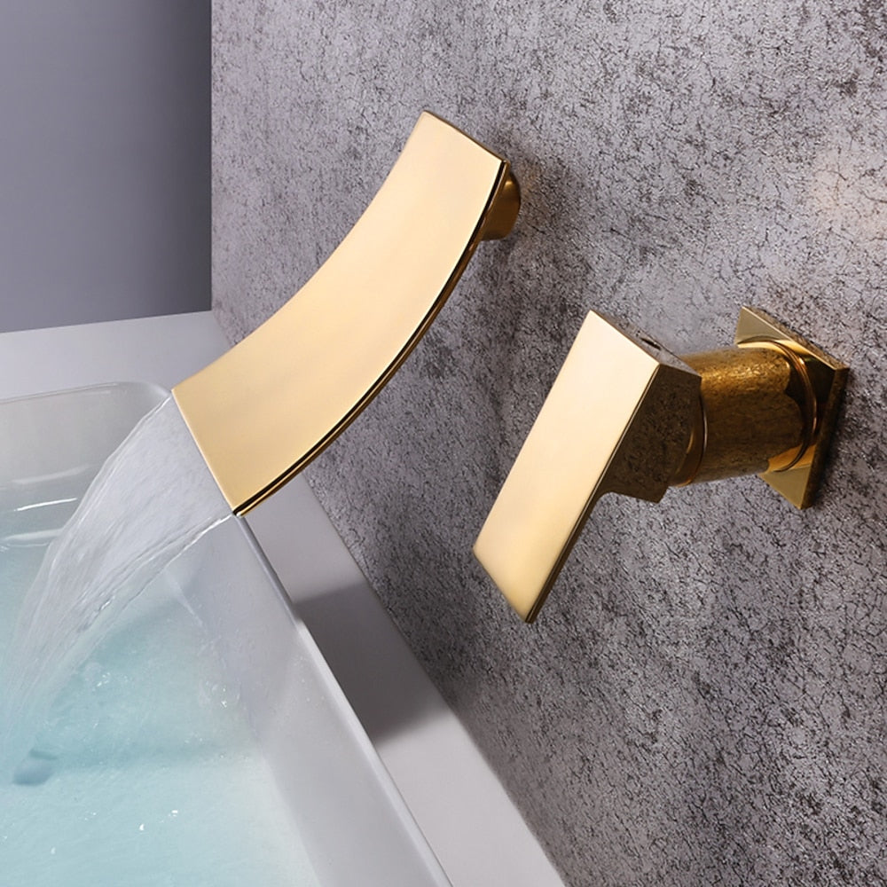 Brushed Gold Modern Wall-Mount Bathroom Faucet, 2-Hole Single-Handle Waterfall Spout Faucet