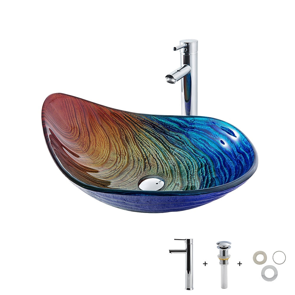 Modern Boat-Shape Tempered Glass Vessel Sink Faucet Combo, Vessel Sink Faucet Combo with Pop-Up Drain, Multi- / Gold / Bronze / Copper / Silver