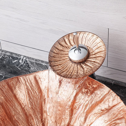 Rose Gold Waterfall Tempered Glass Vessel Sink, Single-Handle Chrome Faucet with Pop-Up Drain