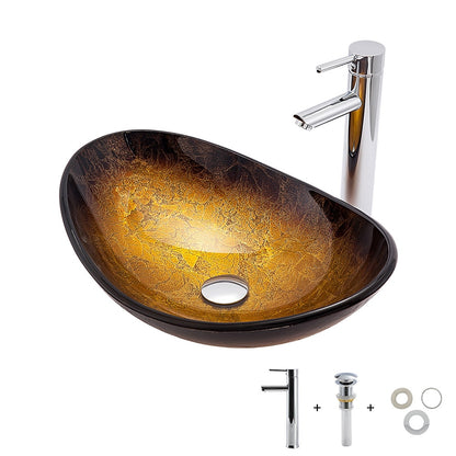 Gold Foil Tempered Glass Vessel Sink, Chrome Single-Handle Tall Faucet with Pop-Up Drain