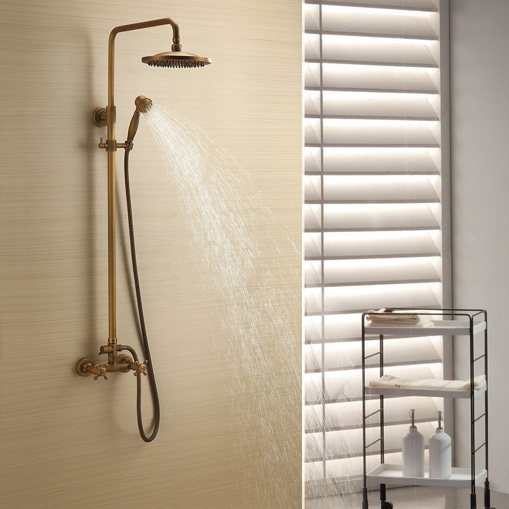 Antique Brass Rainfall Shower System, Wall-Mounted Exposed Pipe Faucet with Handheld Shower