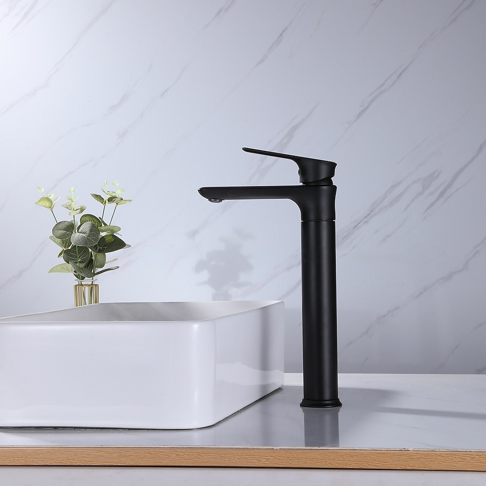 Matte Black Modern Single-Hole Vessel Sink Faucet, Single-Handle Tall Bathroom Faucet