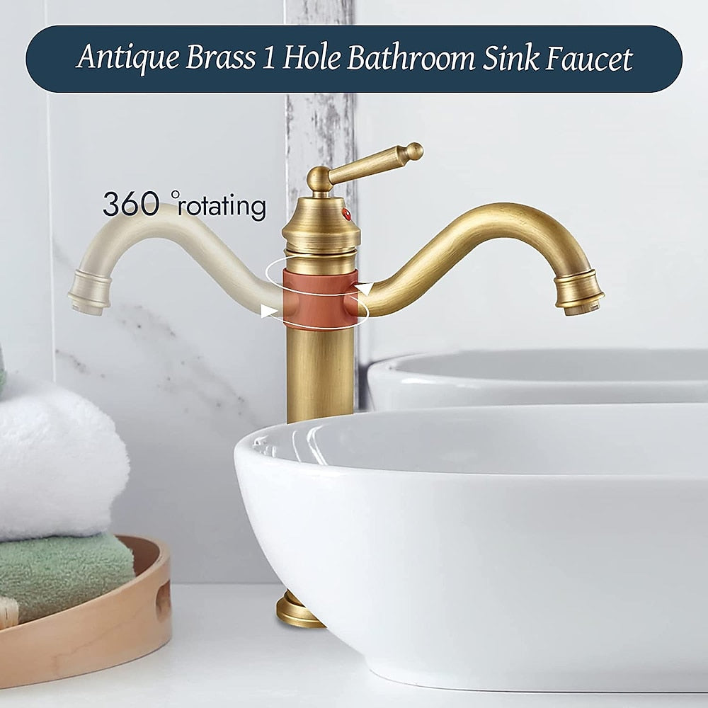 Antique Brass Traditional Single-Hole Vessel Sink Faucet, Single-Handle Brass Faucet, 360-Degree Swivel Spout Faucet