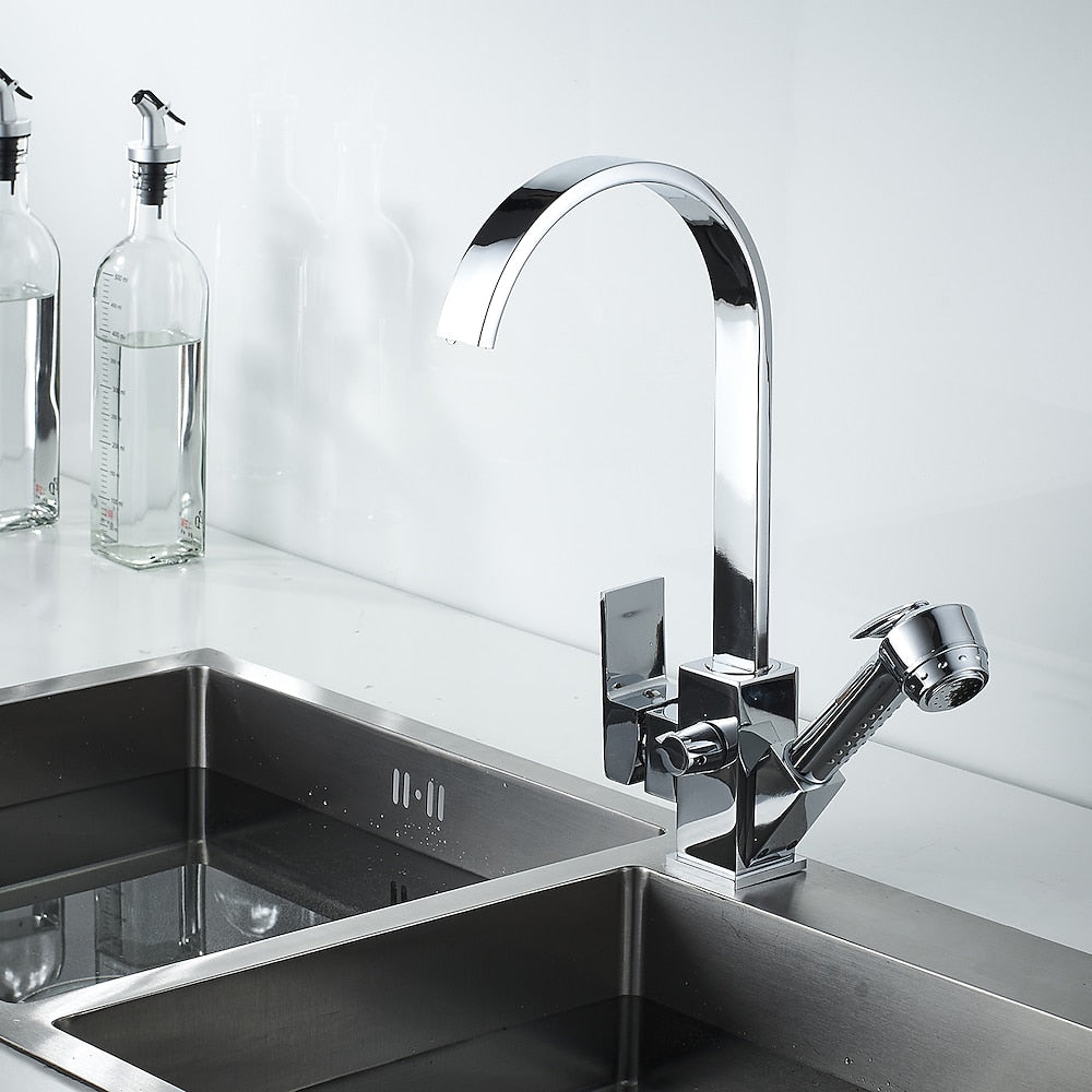 Chrome Pull-Out Sprayer Kitchen Faucet, Modern Single-Handle High Arc Faucet