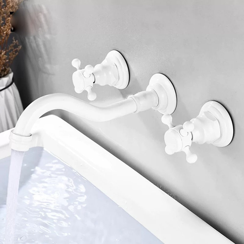 360-Degree Swivel Spout Wall-Mount Bathroom Faucet, Traditional Dual Cross Handle Brass Faucet, Antique Brass / Matte Black / Chrome / Matte White