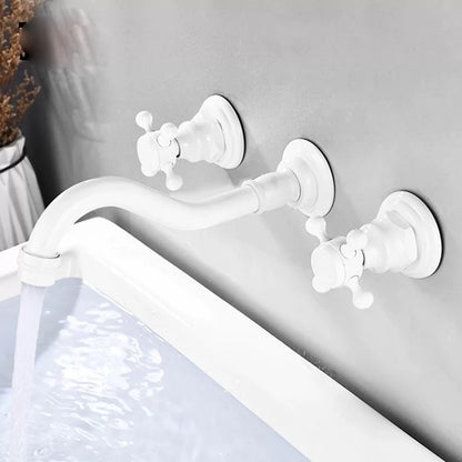 360-Degree Swivel Spout Wall-Mount Bathroom Faucet, Traditional Dual Cross Handle Brass Faucet, Antique Brass / Matte Black / Chrome / Matte White