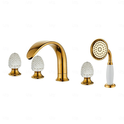 Polished Gold Vintage Deck-Mount Tub Filler Faucet, Roman Tub Faucet with Handheld Shower / Crystal Knob Handles