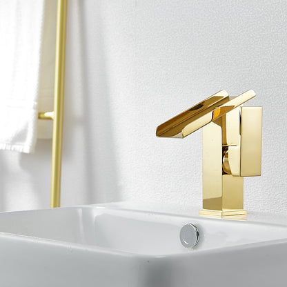 Brushed Gold Waterfall Bathroom Sink Faucet, Modern Single-Hole Single-Handle Faucet