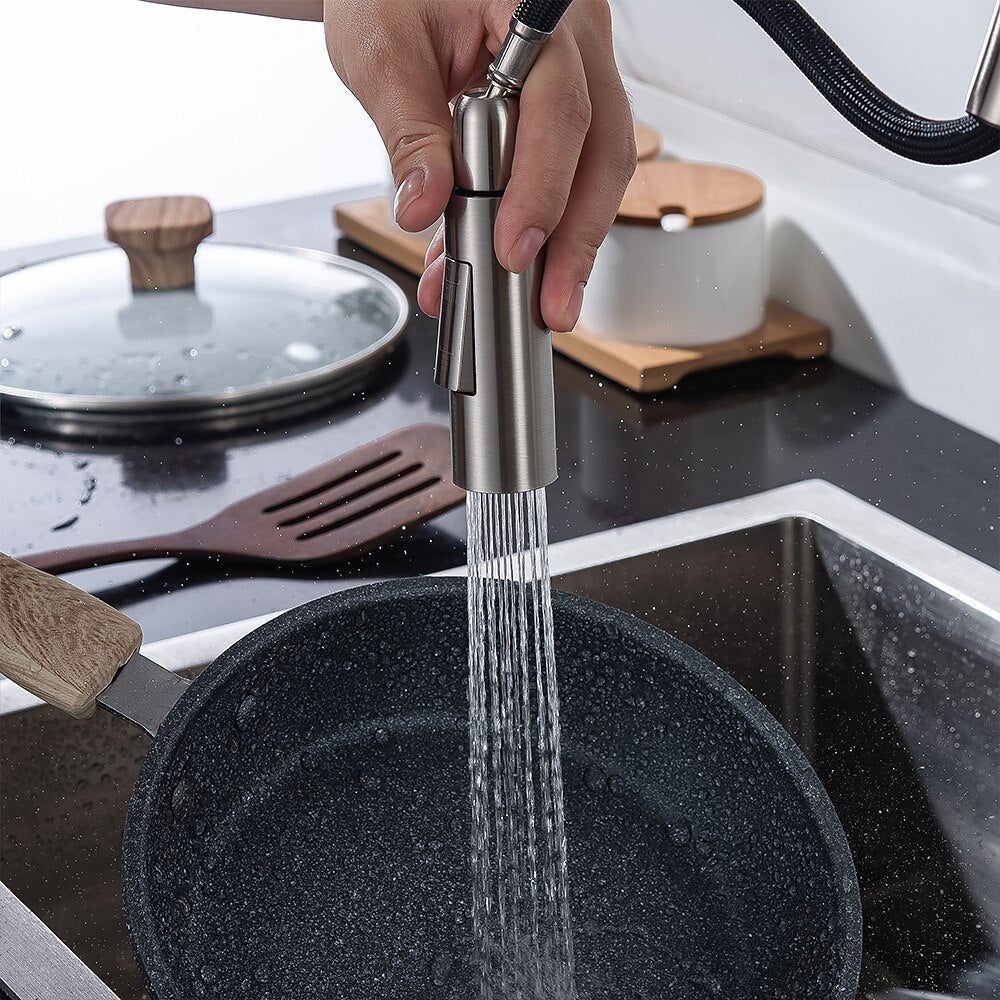Modern Pull-Down Kitchen Faucet, Single-Handle Swivel Spout Faucet, Matte Black / Brushed Gold / Brushed Nickel / Chrome / Gunmetal