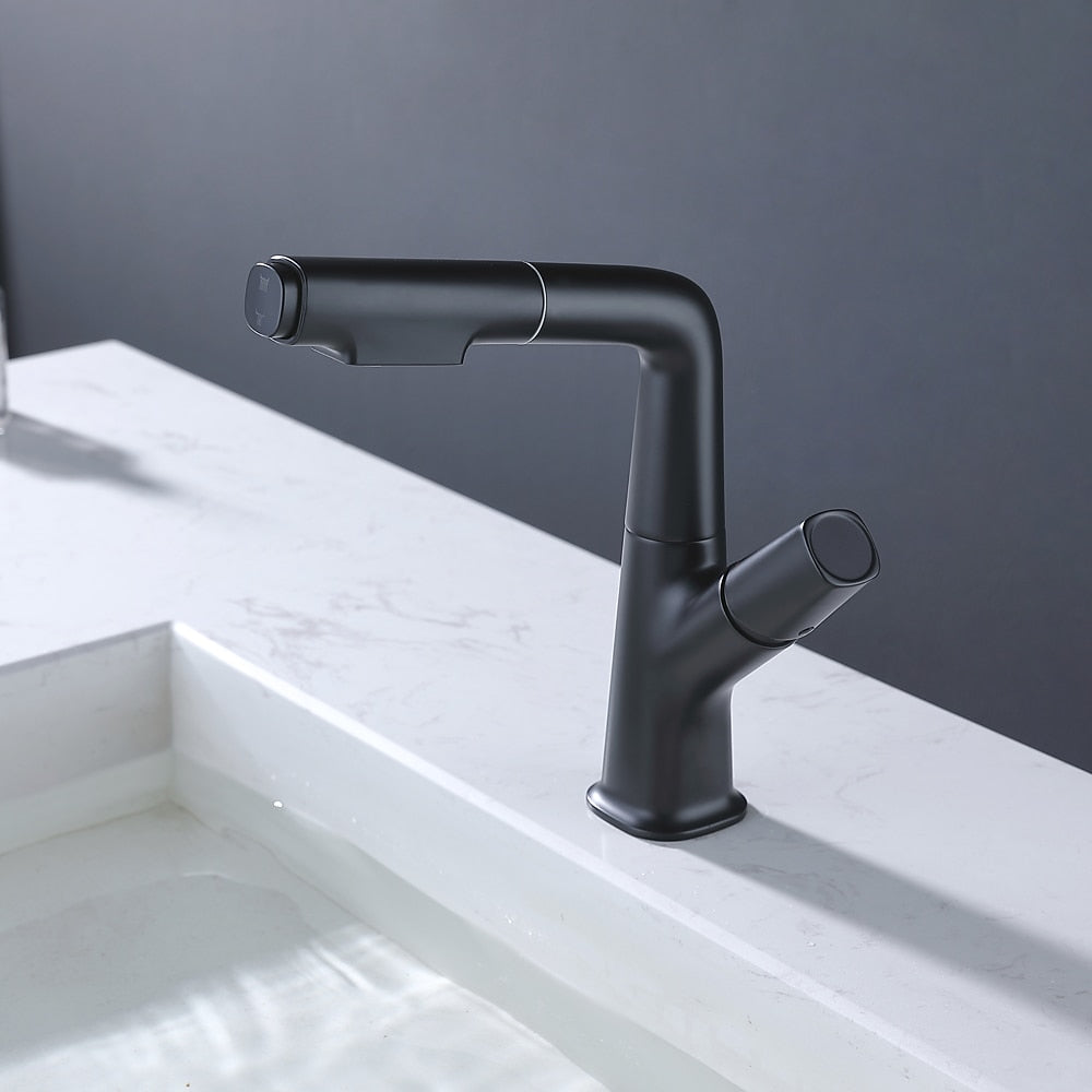 Modern Height-Adjustable Pull-Out Bathroom Faucet, Single-Hole Single-Handle Brass Faucet, Chrome / Matte Black / Matte White / Gunmetal