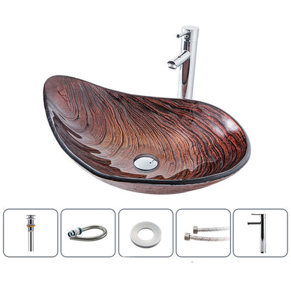 Modern Boat-Shape Tempered Glass Vessel Sink Faucet Combo, Vessel Sink Faucet Combo with Pop-Up Drain, Multi- / Gold / Bronze / Copper / Silver
