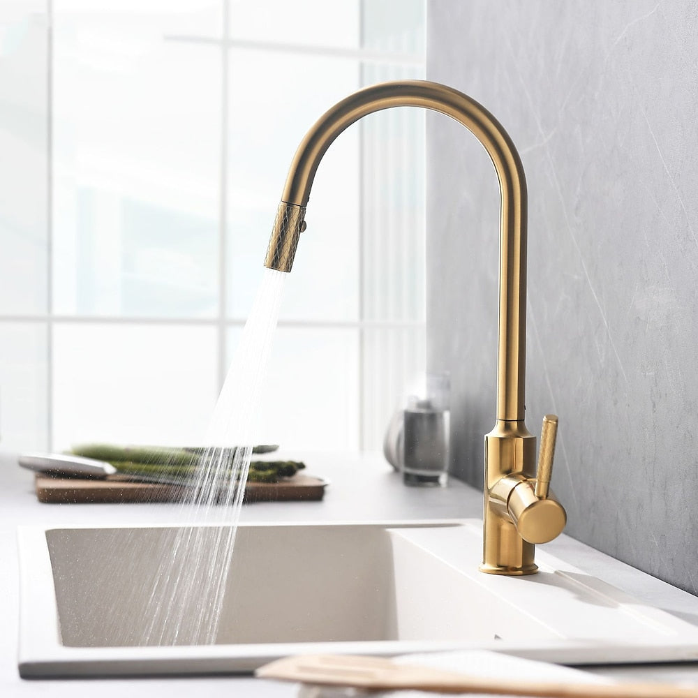 Pull-Down High-Arc Kitchen Faucet, Single-Handle Brass Faucet