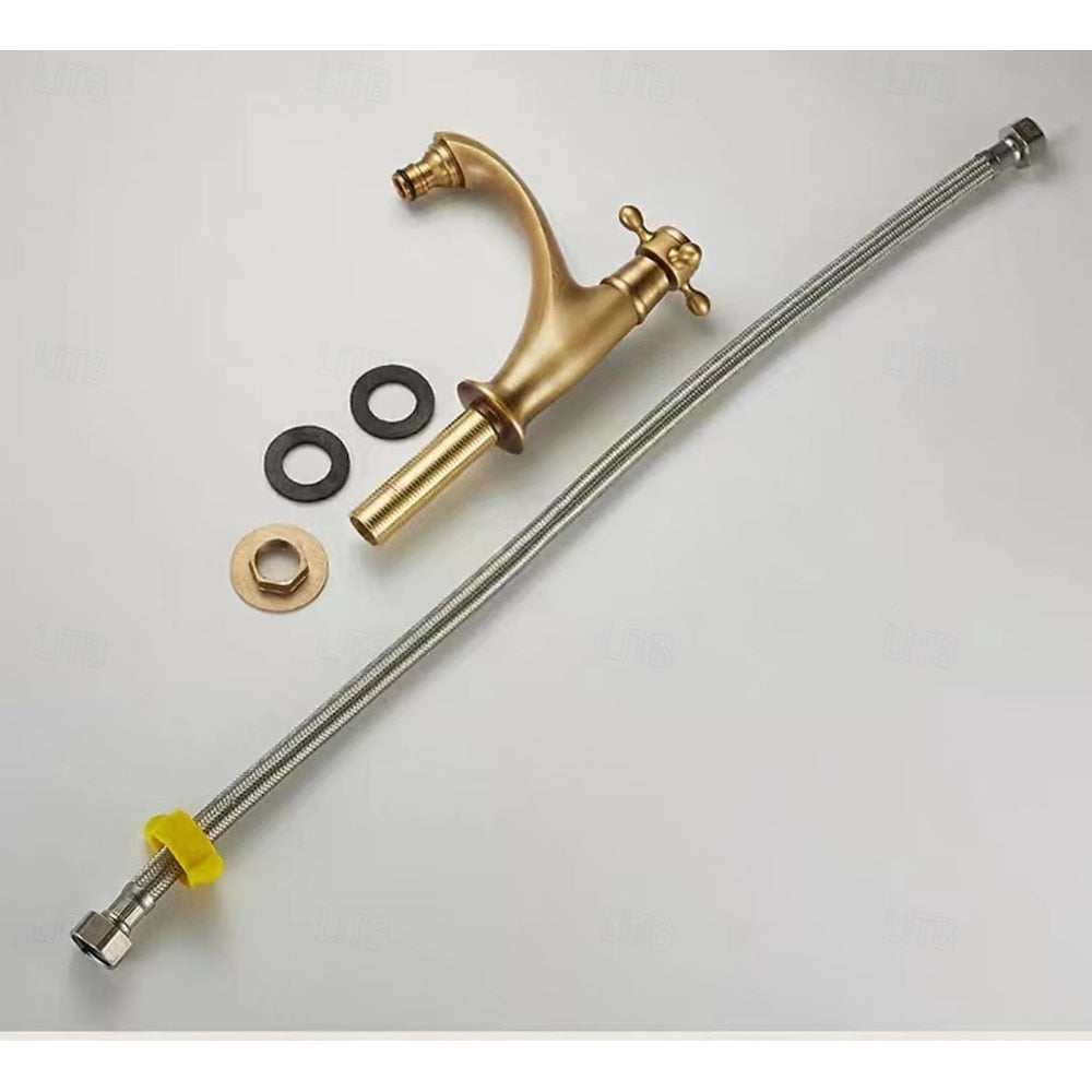 Traditional Antique Brass Single-Hole Bathroom Sink Faucet, Single Cross Handle Brass Vanity Faucet