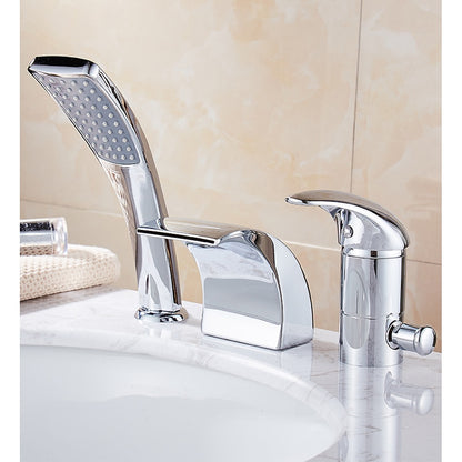 Waterfall Spout Single-Handle Roman Tub Faucet, Deck-Mount Tub Filler Faucet with Handheld Shower, Chrome / Matte Black