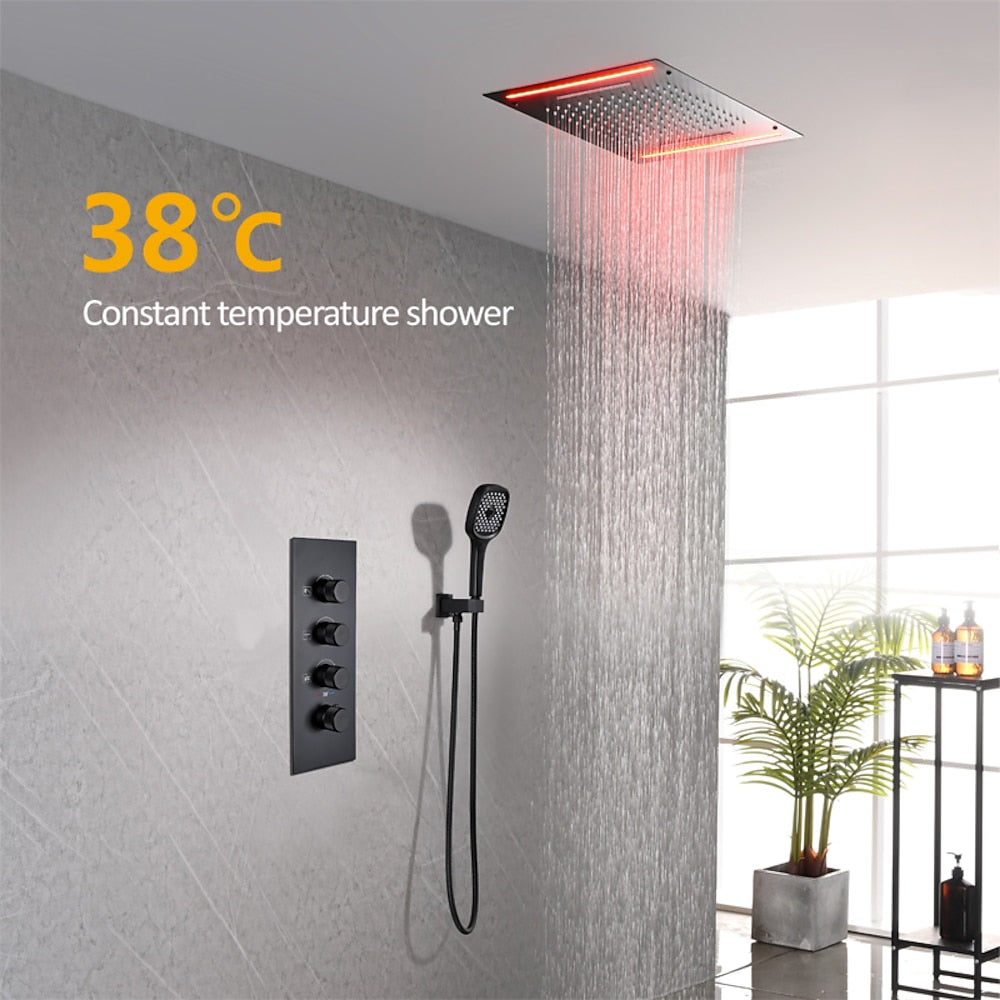 Matte Black LED Thermostatic Waterfall Shower System, Ceiling-Mounted Rainfall Shower Faucet Set with Handheld Shower