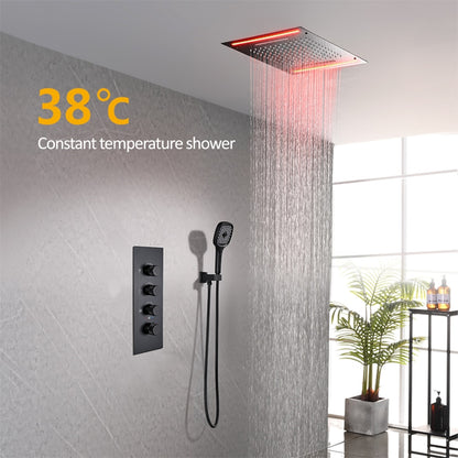 Matte Black LED Thermostatic Waterfall Shower System, Ceiling-Mounted Rainfall Shower Faucet Set with Handheld Shower