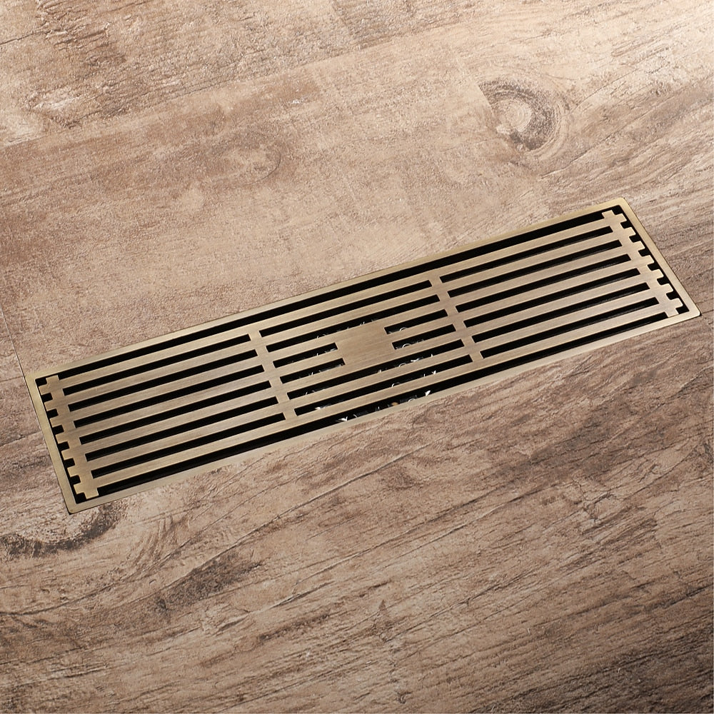 Brushed Bronze Brass Linear Shower Drain, Deodorizing Rectangular Floor Drain with Hair Strainer