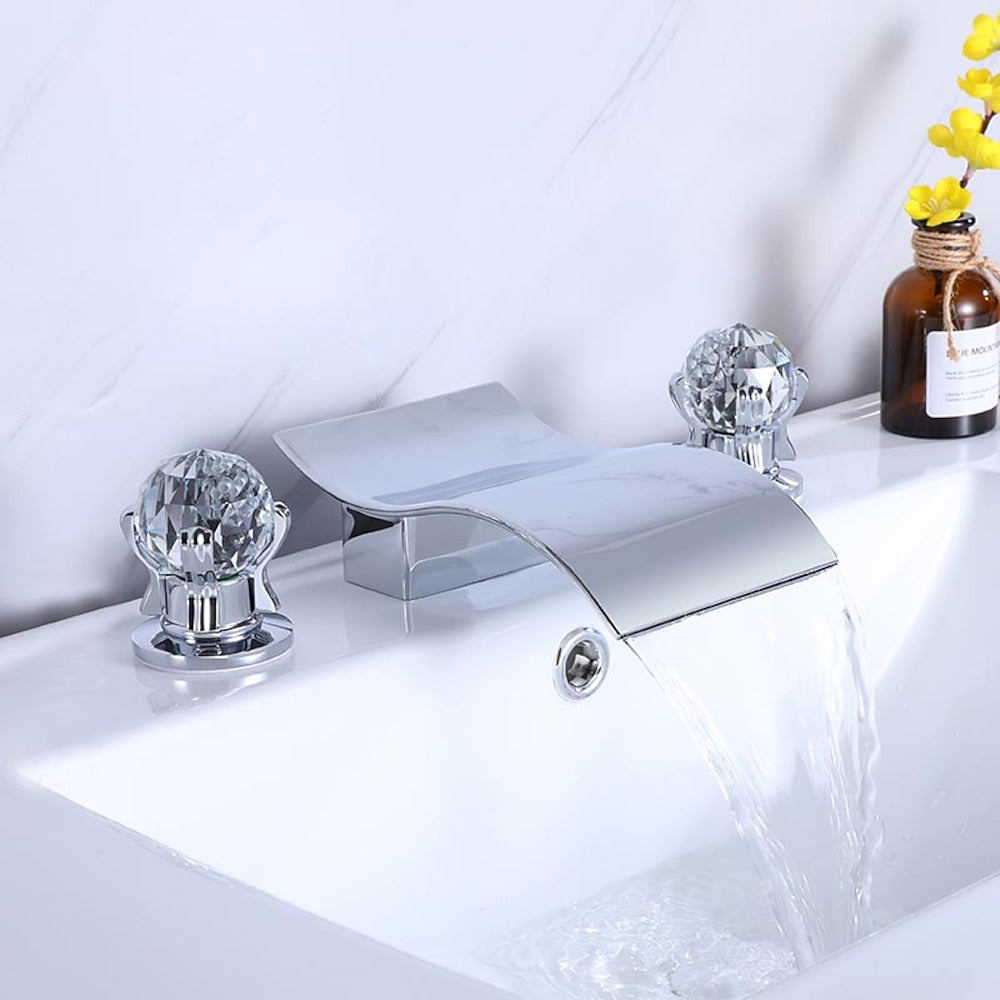 Waterfall Brass Bathroom Faucet, 3-Hole Widespread Faucet with Crystal Knob Handles, Matte Black / Chrome