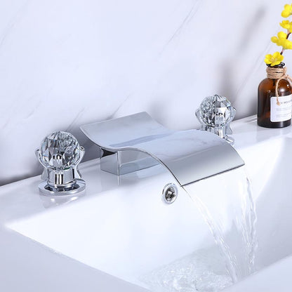 Waterfall Brass Bathroom Faucet, 3-Hole Widespread Faucet with Crystal Knob Handles, Matte Black / Chrome