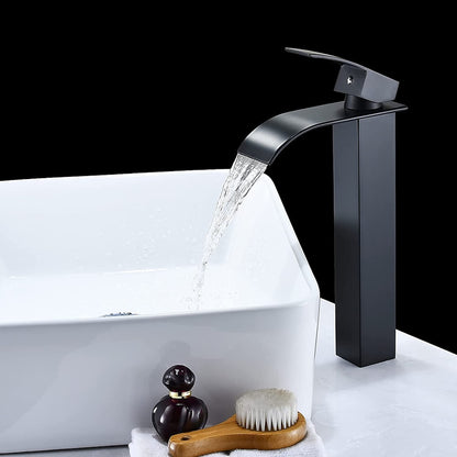Waterfall Single-Hole Bathroom Faucet, Modern Single-Handle Vessel Sink Faucet, Matte Black / Polished Gold