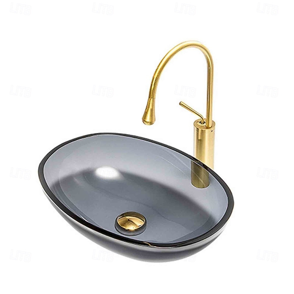 Modern Oval Tempered Glass Bathroom Vessel Sink, Faucet Combo, Above-Counter Basin with Brushed Gold Water Drop Faucet, Gray / Blue