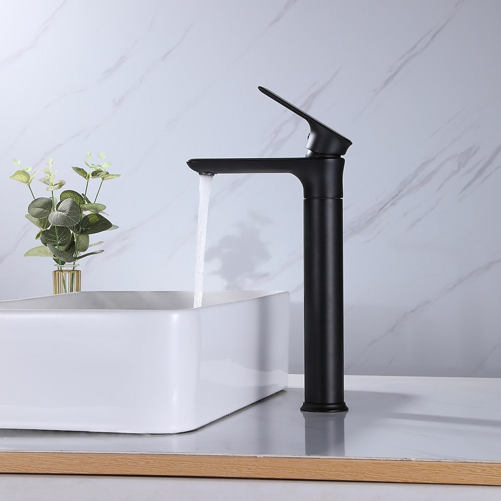 Matte Black Modern Single-Hole Vessel Sink Faucet, Single-Handle Tall Bathroom Faucet