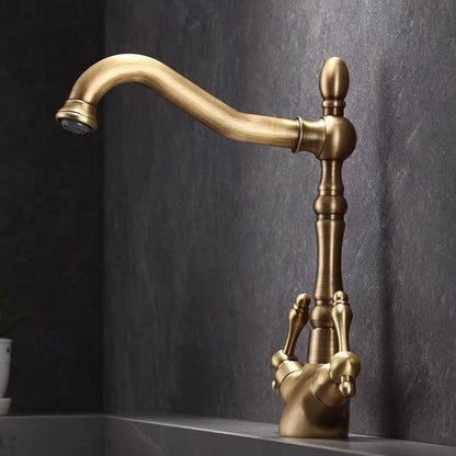 Vintage Antique Brass Single-Hole Bathroom Faucet, Double-Handle High-Arc Faucet