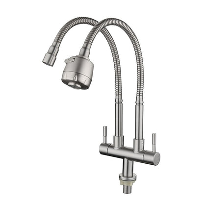 Stainless Steel Dual Spout Kitchen Faucet, Double-Handle Single-Hole Faucet