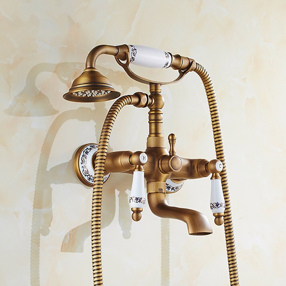 Vintage Antique Brass Wall-Mount Tub Faucet, Dual-Handle Bathroom Tub Faucet with Handheld Shower