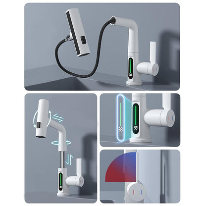 LED Digital Display Waterfall Bathroom Faucet, Single-Handle Pull-Out Faucet, Chrome / Gunmetal / Matte Black / Matte White