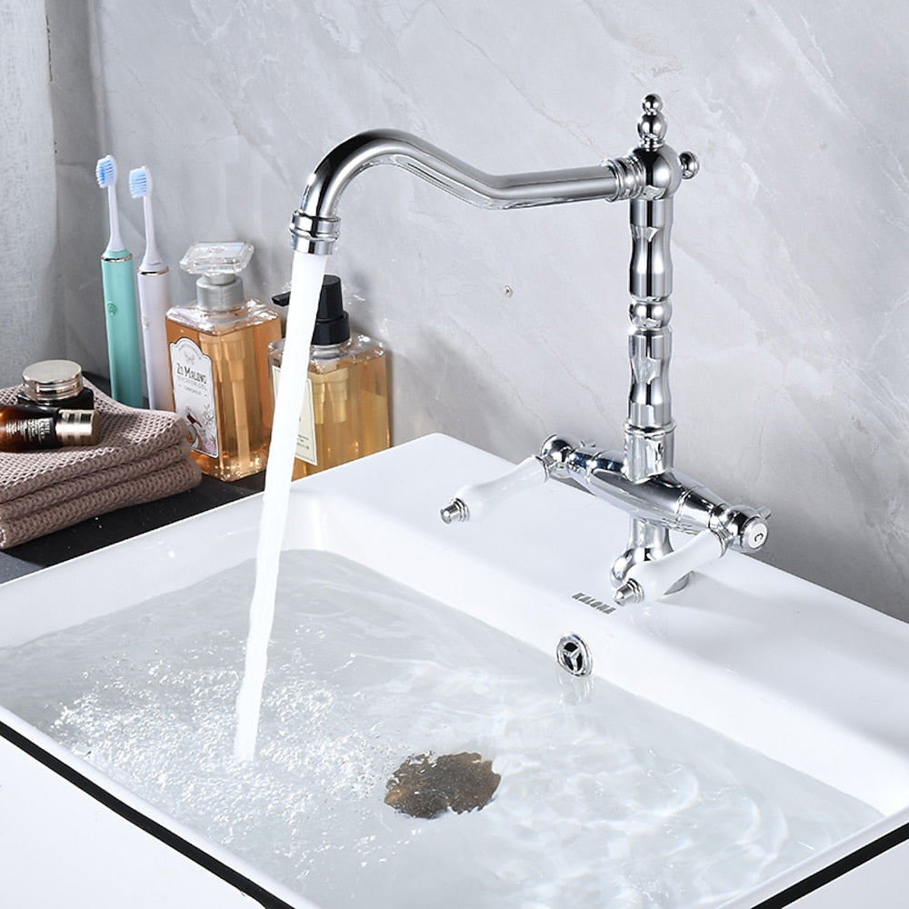 Antique Single-Hole Bathroom Faucet, Dual Ceramic Handle Swivel Spout Faucet, Antique Brass / Brushed Nickel / Chrome / Matte Black / Polished Gold