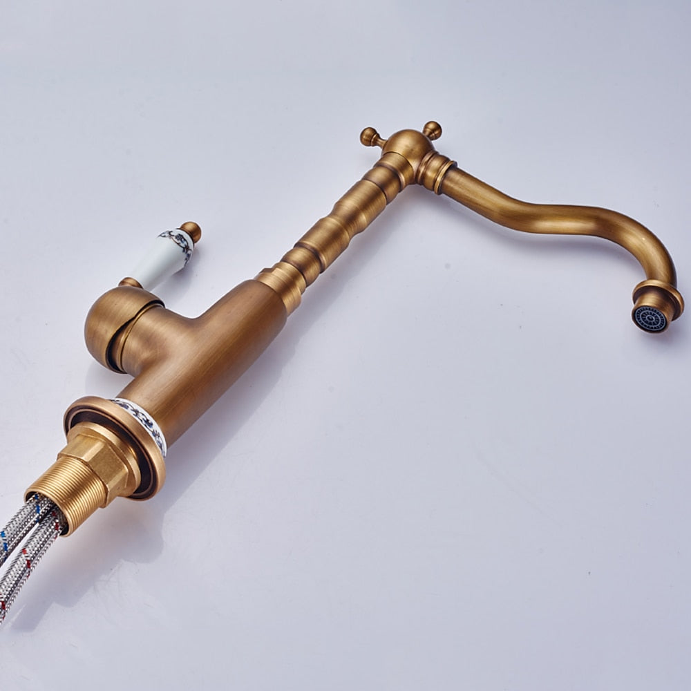 Antique Brass Traditional Single-Hole Bathroom Faucet, Single-Handle High Arc Vessel Sink Faucet with Ceramic Lever