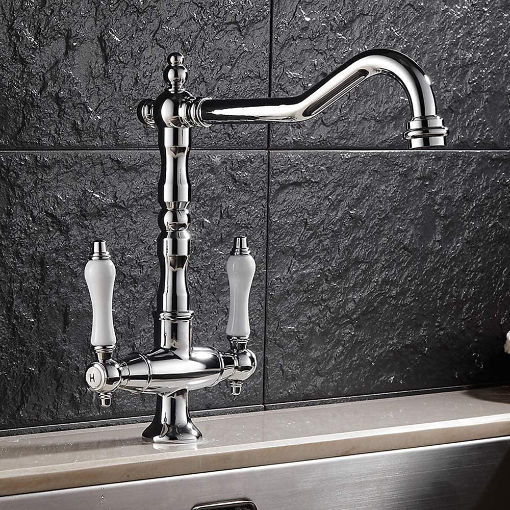 360-Degree Swivel High Arc Brass Faucet, Traditional Single-Hole Two-Handle Bathroom Faucet, Chrome / Matte Black / Antique Brass