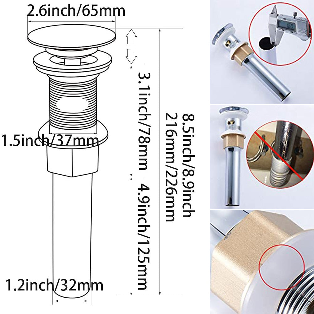 Stainless Steel Pop-Up Sink Drain with Overflow, Spring-Loaded Bathroom Vanity Basin Drain, Chrome / Oil-Rubbed Bronze / Rose Gold / Antique Brass / Polished Gold