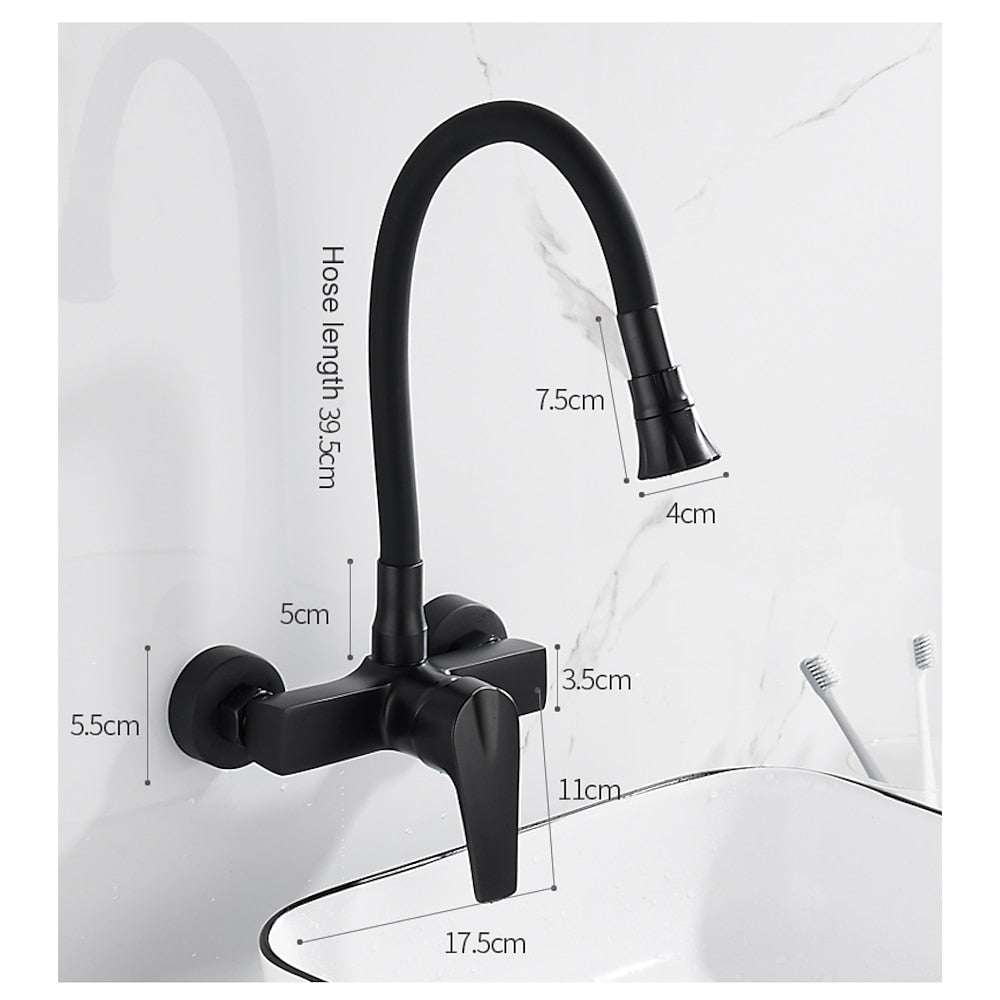Matte Black Wall-Mount Kitchen Faucet, Single-Handle Bendable Spout Faucet