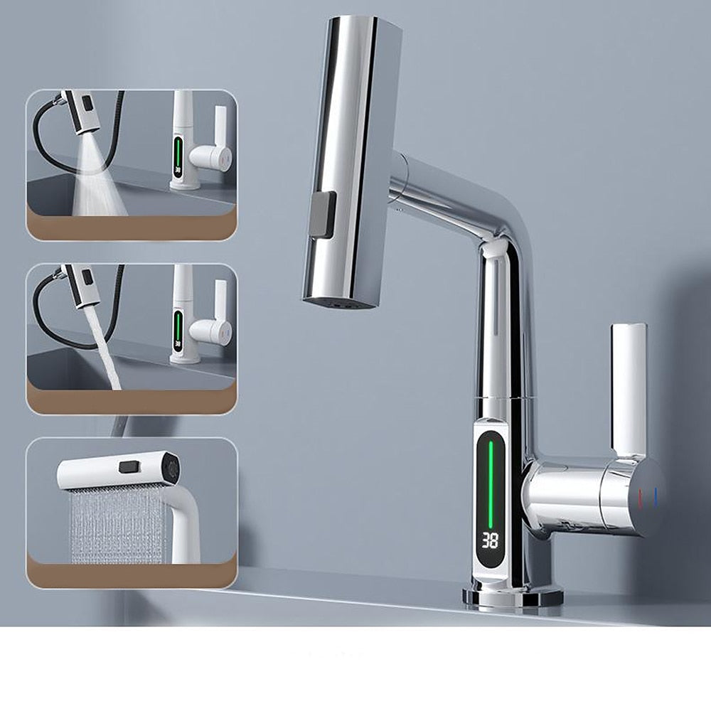 LED Digital Display Waterfall Bathroom Faucet, Single-Handle Pull-Out Faucet, Chrome / Gunmetal / Matte Black / Matte White