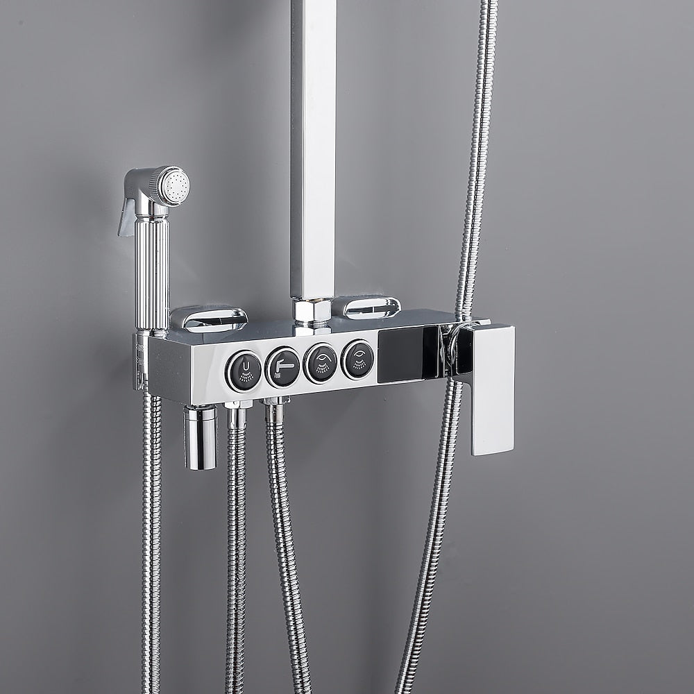 LED Digital Display Thermostatic Complete Shower System, Wall-Mount Rainfall Shower Faucet with Handheld Spray, Matte Black / Chrome