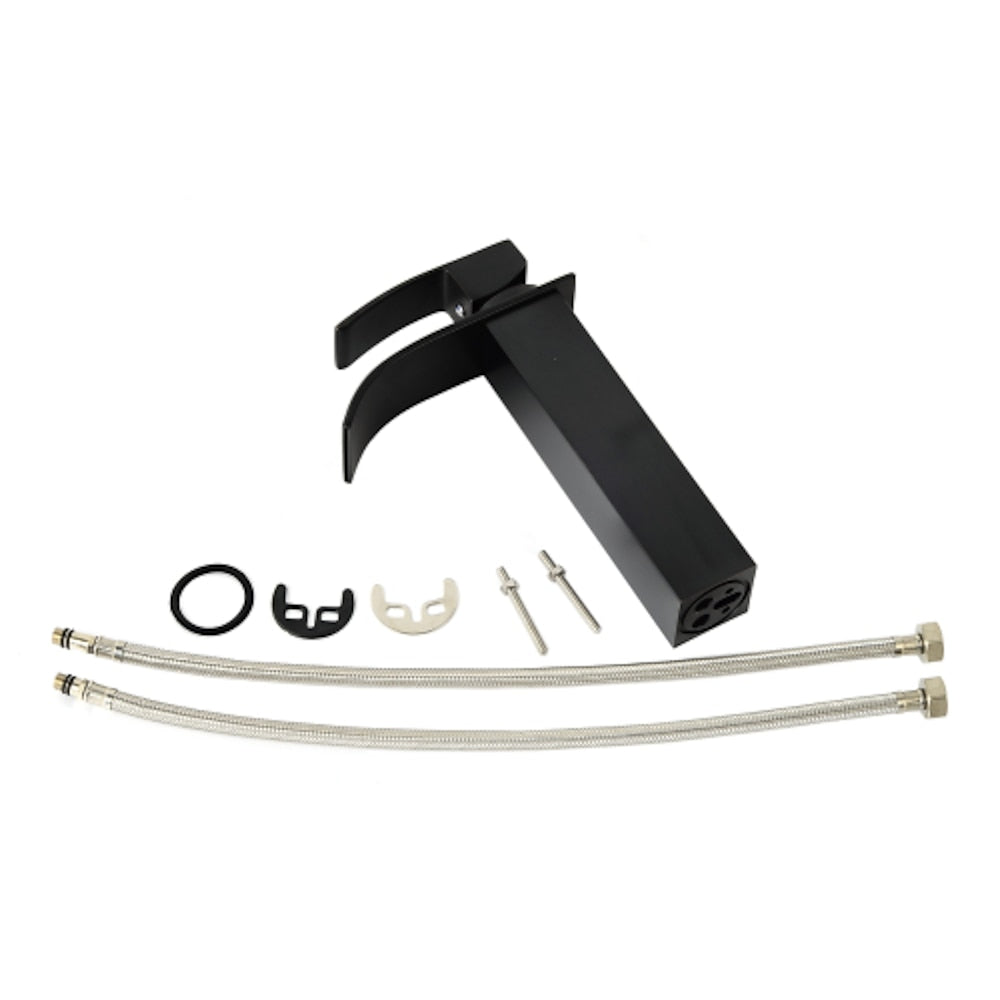 Matte Black Modern Waterfall Vessel Sink Faucet, Single-Handle Single-Hole Bathroom Faucet
