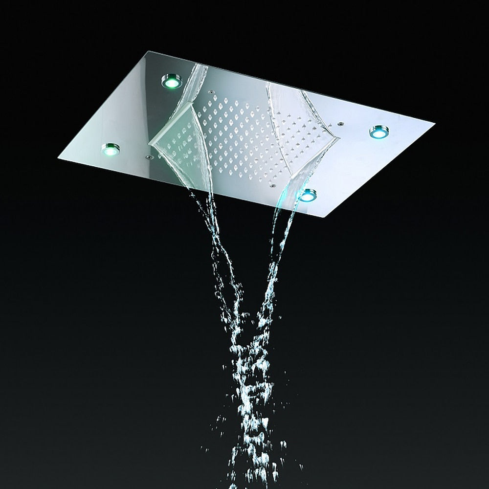 Modern LED Rainfall Waterfall Shower Head, Ceiling-Mounted Stainless Steel Chrome Shower Head with Bluetooth Speaker