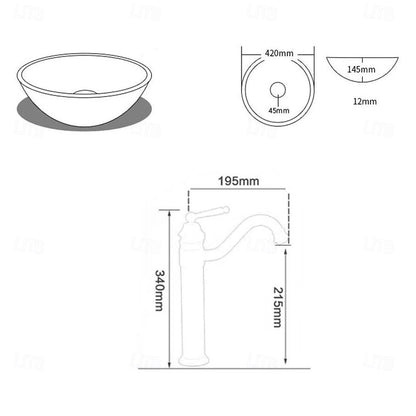 Antique Brass Single-Hole Vessel Faucet, Circular Stripe Tempered Glass Vessel Sink Combo with Pop-Up Drain / Mounting Ring