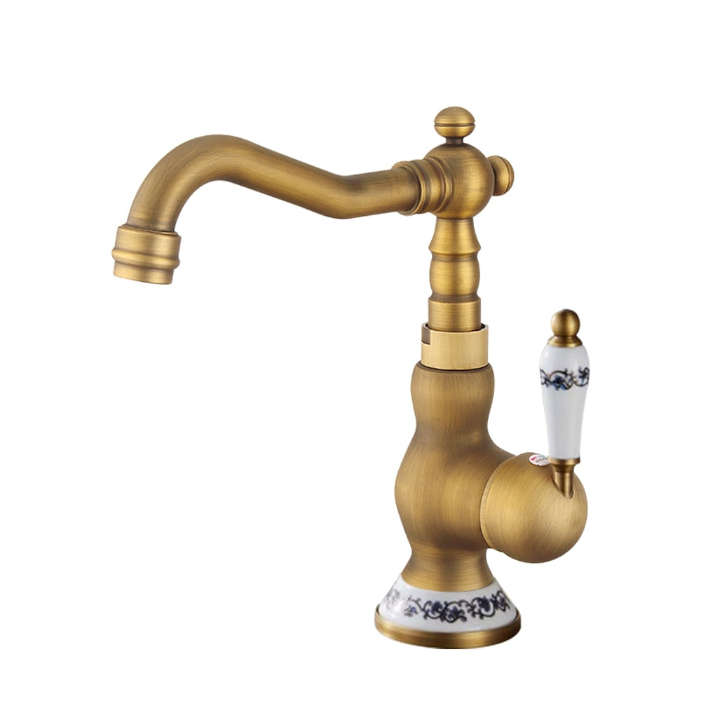 Traditional Swivel Spout Bathroom Faucet, Single-Hole Single-Handle Ceramic Lever Faucet, Antique Brass / Chrome / Polished Gold